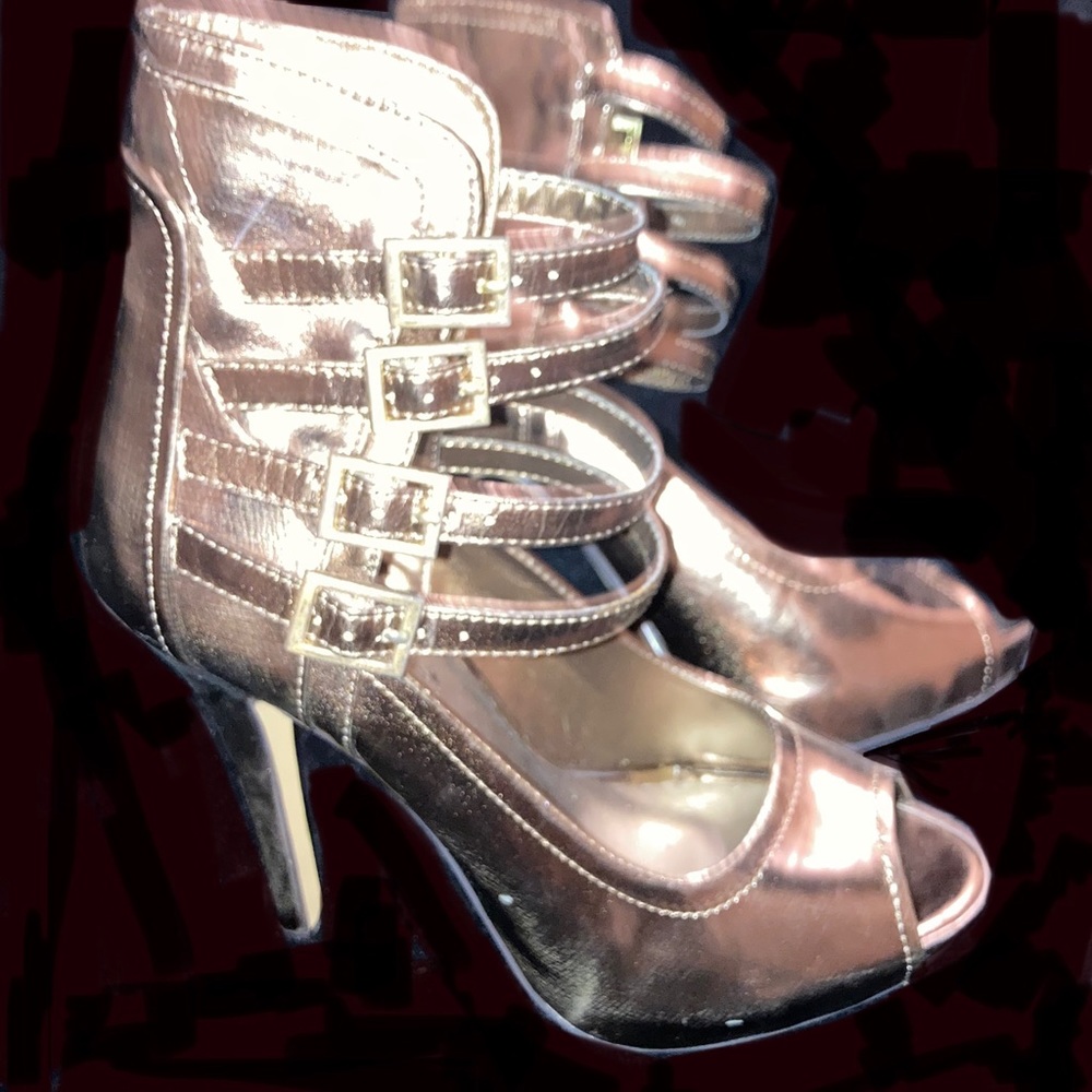 Shiny Copper Strappy Platform Stiletto Heels